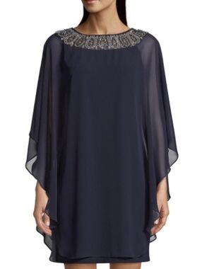 XSCAPE Women's Beaded Chiffon Capelet Dress 22W Navy Blue Wedding Mom of Bride